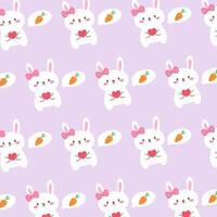 Cute pattern with bunny rabbit cartoons, heart, cute carrot on violet background illustration. vector
