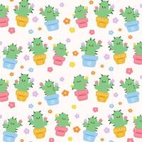 Cute cactus with minimal flowers pattern on soft yellow background vector