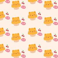 Cute pattern with sweet cat cupcakes with cherry on a soft orange background vector