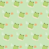Kawaii cute pattern with frog and butterfly on green background vector