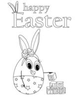Anthropomorphic egg-girl playing with baby cubes. Happy Easter inscription. Childrens coloring books. Contour drawing vector