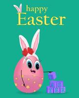 Anthropomorphic pink egg-girl playing with baby cubes. Happy Easter inscription. Color drawing vector