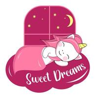 Cute cartoon unicorn sleeps under a blanket against the background of a window with the night sky. Sticker, postcard with an inscription. vector