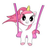 un linda sonriente dibujos animados unicornio columpios en un balancearse. pegatina. vector