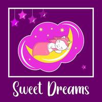 Cute cartoon unicorn sleeps under a blanket on the moon.Ready card with inscription. vector