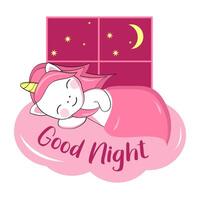 Cute cartoon unicorn sleeps under a blanket against the background of a window with the night sky. Sticker, postcard with an inscription. vector