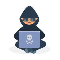 pirata informático, ciber delincuente con ordenador portátil robando usuario personal datos. hacker ataque y web seguridad concepto. ilustración con falla efecto. vector