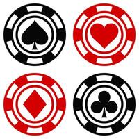 negro y rojo casino papas fritas con tarjeta trajes icono ilustración conjunto vector