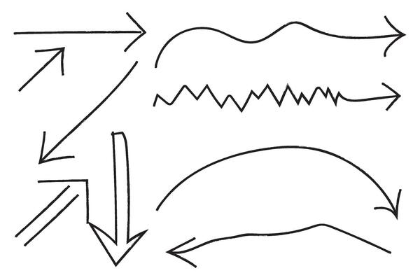 Set of hand drawn arrows, brush stroke curly arrow