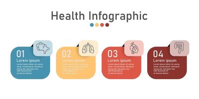 Infographic health care template for treatment and health care information presentation. square with organ icons and examples sentences. Modern workflow diagrams. Report plan 4 topics vector