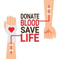 mano de sangre donante con paciente mano para mundo sangre donante día vector