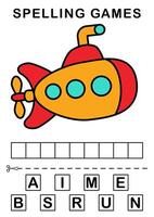 Spell the word. illustration of submarine. Spelling game for kids. Education worksheet Printable A4 size vector