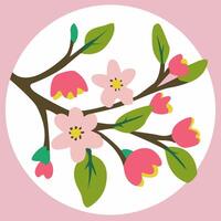 Spring branch with flowers and leaves. Concept of blossoming leaves. vector