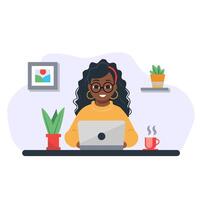 negro mujer sentado con ordenador portátil. Lanza libre, en línea estudiando, trabajo desde hogar concepto. ilustración en plano estilo. vector