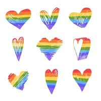 Set of hand drawn hearts in rainbow color isolated on white background. Collection of striped hearts. Pride month concept. LGBT symbol. vector
