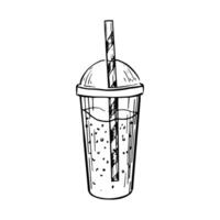 Black and white cold summer drink in white background. Plastic cup of soda with straw. Summer beverage. Sketch style drawing vector