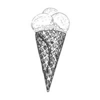 Three scoops of ice cream sketch. Ice cream in waffle cone isolated on white background. Frozen dessert. Black and white gelato drawing with hatching. vector