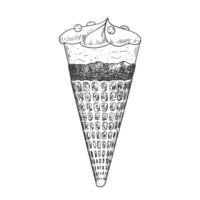 Ice cream sketch. Ice cream in waffle cone with chocolate topping and berries isolated on white background. Frozen dessert. Black and white gelato drawing with hatching. vector