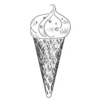 Ice cream sketch. Ice cream in waffle cone isolated on white background. Frozen dessert. Black and white gelato drawing with hatching. vector