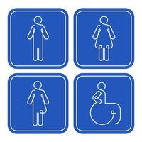 Linear toilet icon set. Male, female, transgender signs on blue background. WC sign . All gender restroom sign. Men, women, handicap symbols. Disabled person. Editable stroke. He, She, They symbols. vector