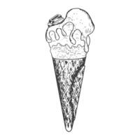 Ice cream sketch. Ice cream in waffle cone with caramel topping and piece of chocolate isolated on white background. Frozen dessert. Black and white gelato drawing with hatching. vector