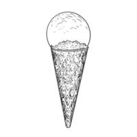 One scoop of ice cream sketch. Ice cream in waffle cone isolated on white background. Frozen dessert. Black and white gelato drawing with hatching. vector