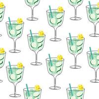 Seamless pattern with cucumber cocktail. Glass of alcoholic drink with ice cubes, lemon, gin, cucumber on white background vector