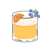 Juniper tangerine gin fizz. Summer cocktail isolated on white background. Alcoholic drink with ice cubes and citrus, orange, mandarin, juniper berries. Cocktail for menu, bar. vector