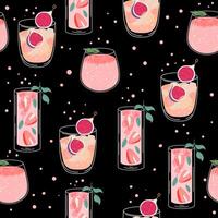 Seamless pattern with alcoholic and non-alcoholic summer cocktails with ice cubes, strawberries, figs. Pink tropical cocktails on black background. vector