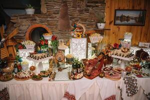 Wedding table setting in rustic style. photo