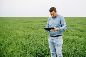 Young agronomist holds tablet touch pad computer in green wheat field. Agribusiness concept. agricultural engineer standing in a wheat field with a tablet in summer. photo