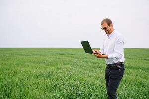 joven agrónomo sostiene ordenador portátil en verde trigo campo. agronegocios concepto. agrícola ingeniero en pie en un trigo campo con un tableta en verano foto