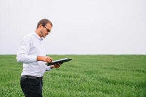 young handsome agronomist, agriculture engineer standing in green wheat field with tablet in hands in early summer. Agribusiness concept. photo