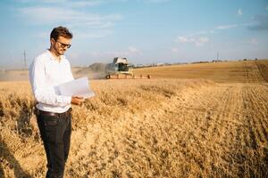 Happy farmer in the field checking corn plants during a sunny summer day, agriculture and food production concept photo