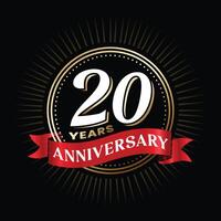 20 years anniversary logo design with red color ribbon and gold shiny circle celebration elements. 20 TH wedding anniversary poster, template. Company 20 years age success banner on black background. vector