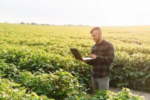 Young agronomist holds tablet touch pad computer in the soy field and examining crops before harvesting. Agribusiness concept. agricultural engineer standing in a soy field with a tablet in summer. photo