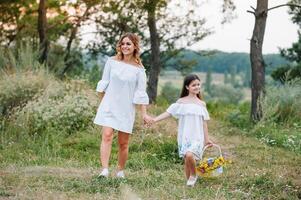 elegante madre y hermoso hija teniendo divertido en el naturaleza. contento familia concepto. belleza naturaleza escena con familia al aire libre estilo de vida. familia descansando juntos. felicidad en familia vida. madres día. foto