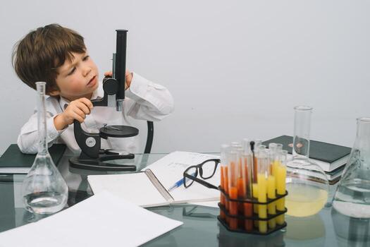 The boy with a microscope and various colorful flasks on a white background. A boy doing experiments in the laboratory. Explosion in the laboratory. Science and education photo