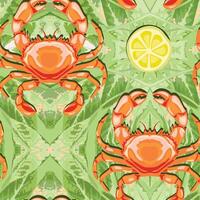 , seamless pattern of green fresh salad, sour lemon and crab gifted by the sea. vector