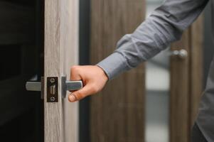 Doors are sold at a hardware store. Choosing doors for the house close-up. Interior renovation concept. photo