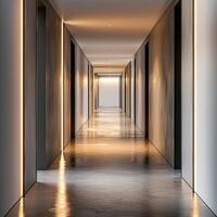 Contemporary Hallway With Reflective Floors photo