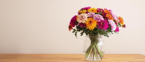Colorful Chrysanthemums in Glass Jar photo
