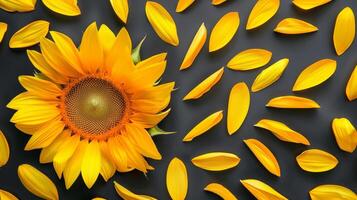 Sunflower and Petals on Dark Background photo