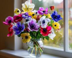 Colorful Anemones In Vase photo