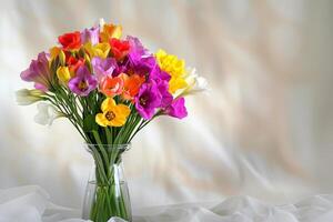 Colorful Freesia Flowers In Vase photo