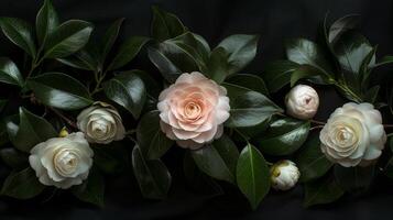 White Camellias Against Dramatic Backdrop photo