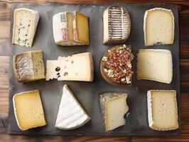 variedad de artesano quesos en pizarra foto