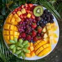 Fresco tropical Fruta plato parte superior ver foto