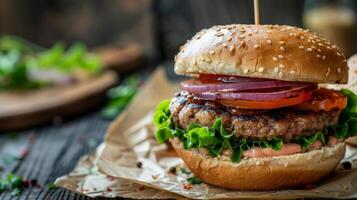 clásico gastrónomo hamburguesa con papas fritas foto