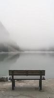 Bench Overlooking Foggy Lake photo